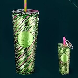 Starbucks Wicked Pink And Green Swirl 24oz Tumbler + Keychain